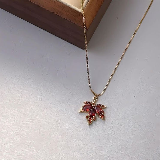 Ruby Red Zircon Maple Leaf Charm Necklace for Women